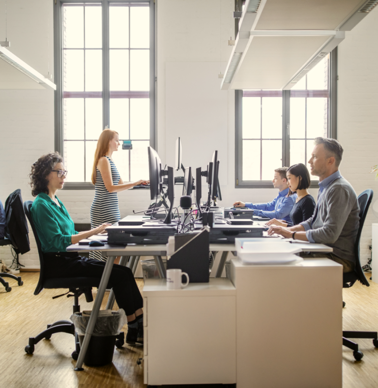 People working in a well lit office on computers in front of windows